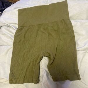 Olive Green Ribbed High-Waisted Shorts